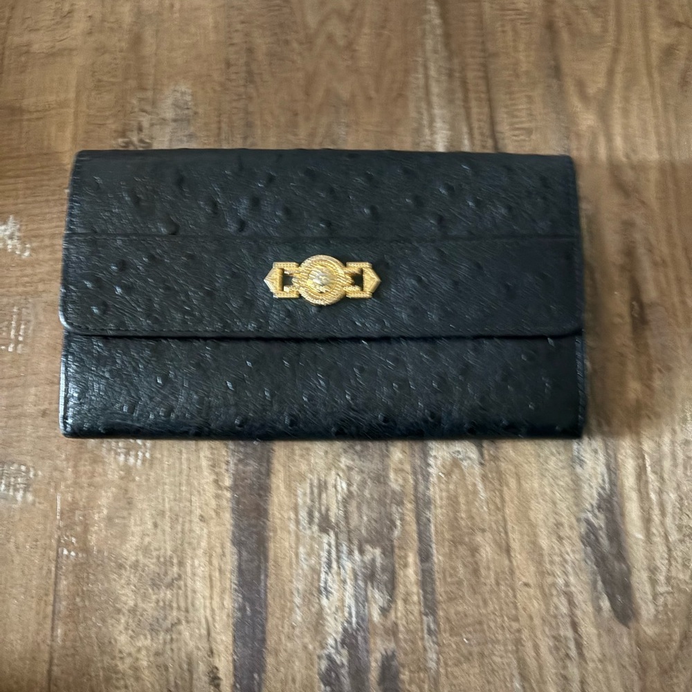 Versace Vintage Ostrich Black Wallet with Gold Medallion